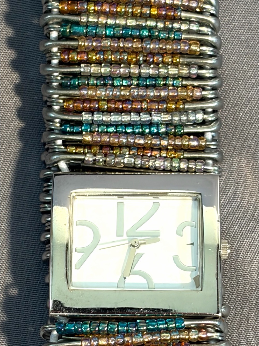 Silver Safety Pin Beaded Stretch Bracelet Watch with Multicolor Accents Working